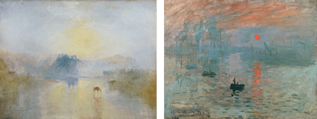 Joseph Mallord William Taylor, Norham Castle, Sunrise, c. 1845, Tate Britain, London. Image: akg-images / Erich Lessing CAPTION: Claude Monet, Impression: Soleil Levant (Impression: Sunrise), 1872, Musée Marmottan Monet, Paris. Image: Bridgeman Images